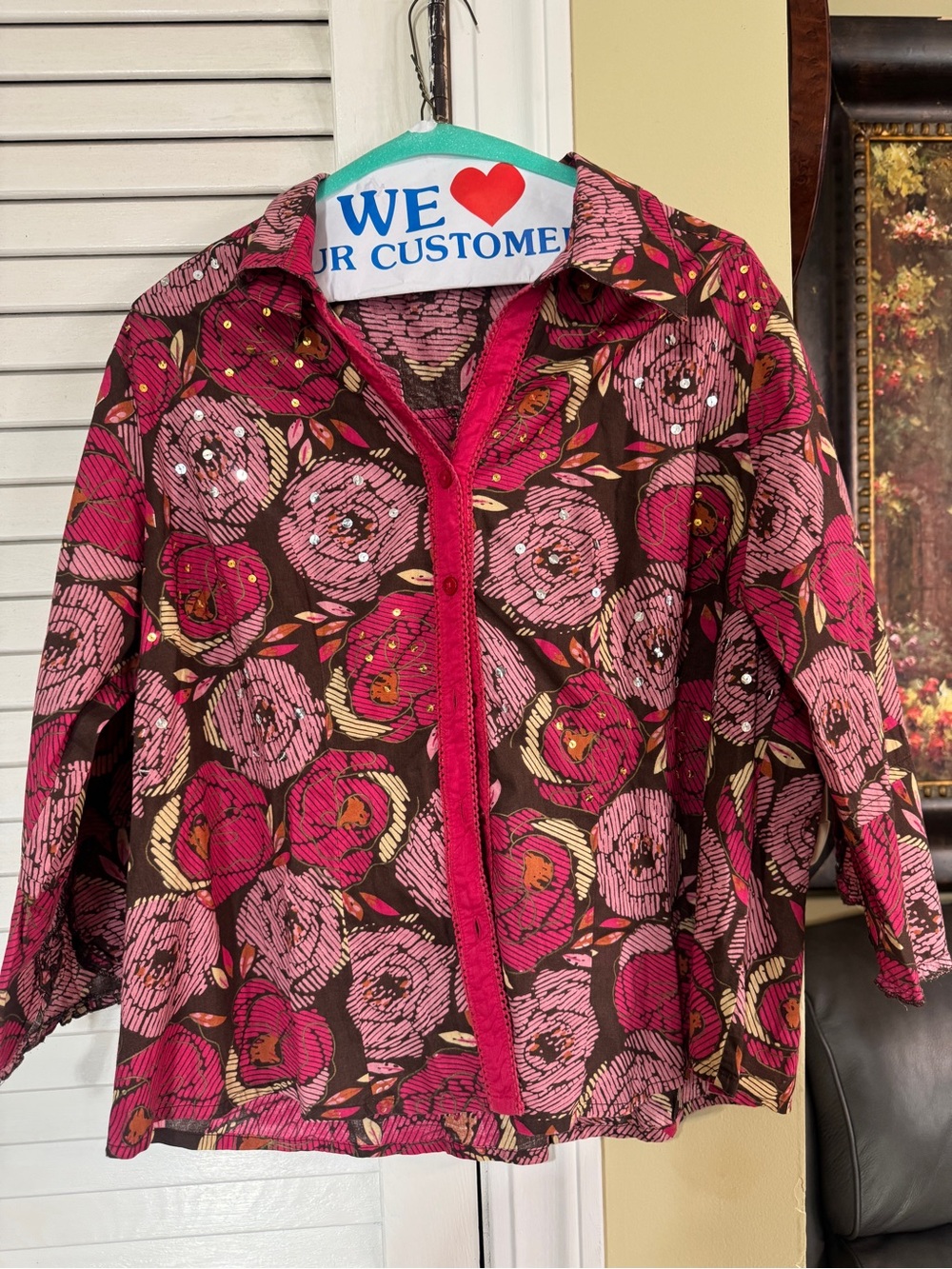 Cato Brown Button-Down Shirt with Pink Floral Print